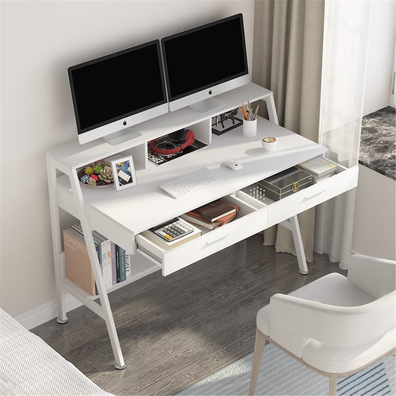 47 inch Computer Desk with Drawers, Office Writing Desk with Shelves