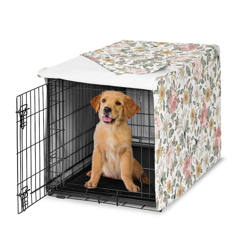 Sweet Jojo Designs Vintage Floral Boho Girl Dog Crate Kennel Cover 30in. - Blush Pink Yellow and Green Bohemian Shabby Chic Rose