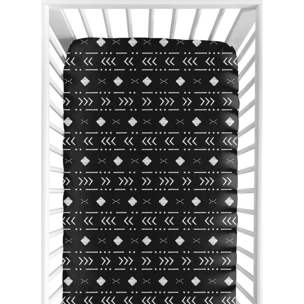 Black and White Boho Mudcloth Boy Girl Fitted Crib Sheet - White Black Woodland Bohemian Tribal Southwest Geometric Arrow Aztec