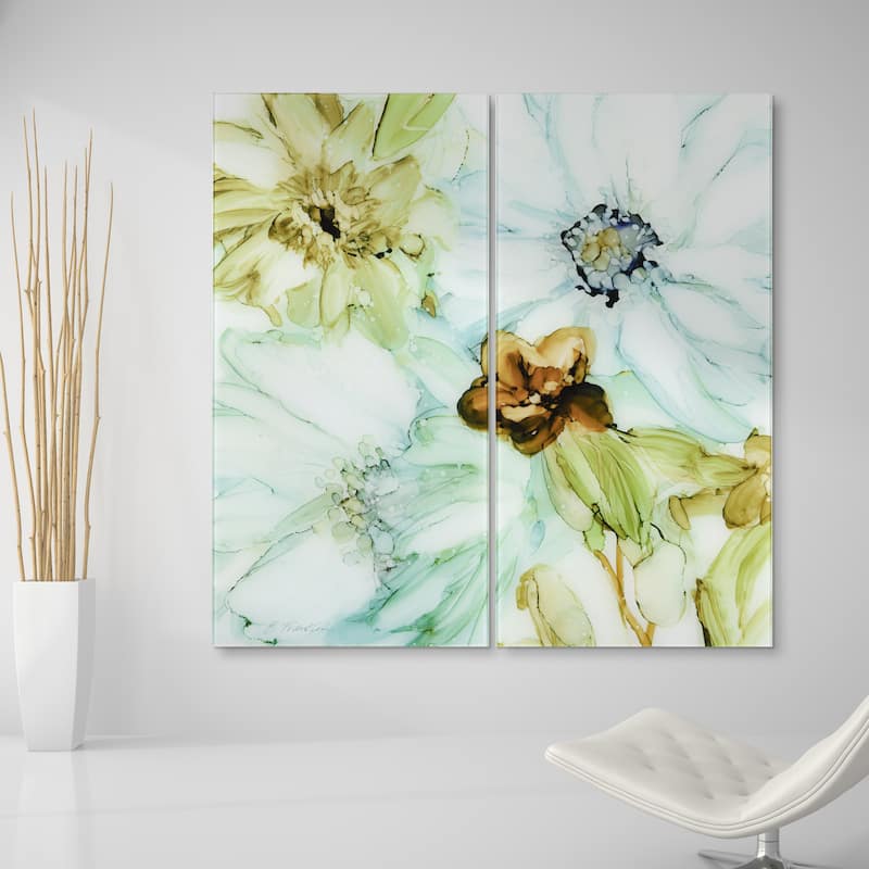 "Seaglass Garden I AB" Frameless Free Floating Tempered Glass Panel Graphic Wall Art Set of 2