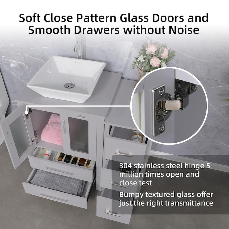 36" Bathroom Vanity Sink Gray Set with Side Cabinet Vessel Sink Faucet Combo