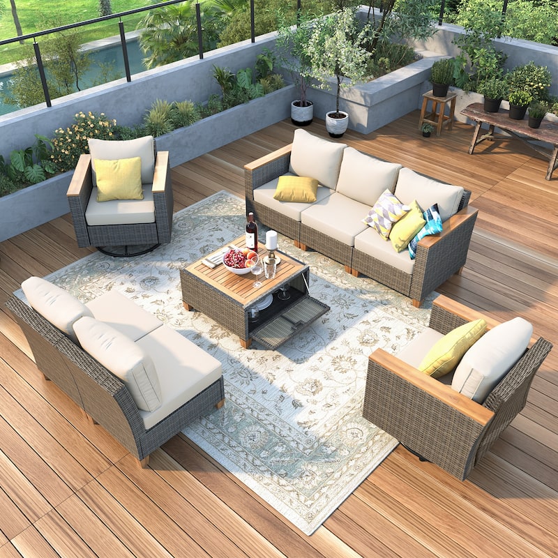 8 Piece Wicker Outdoor Patio Conversation Set with Thick Cushion and Storage Table, All Weather Rattan Swivel Chairs Set of 2