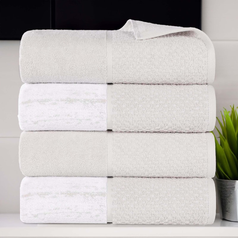 Superior Lodie Cotton Jacquard Solid and Two-Toned Bath Towel Set of 4 - Stone/White