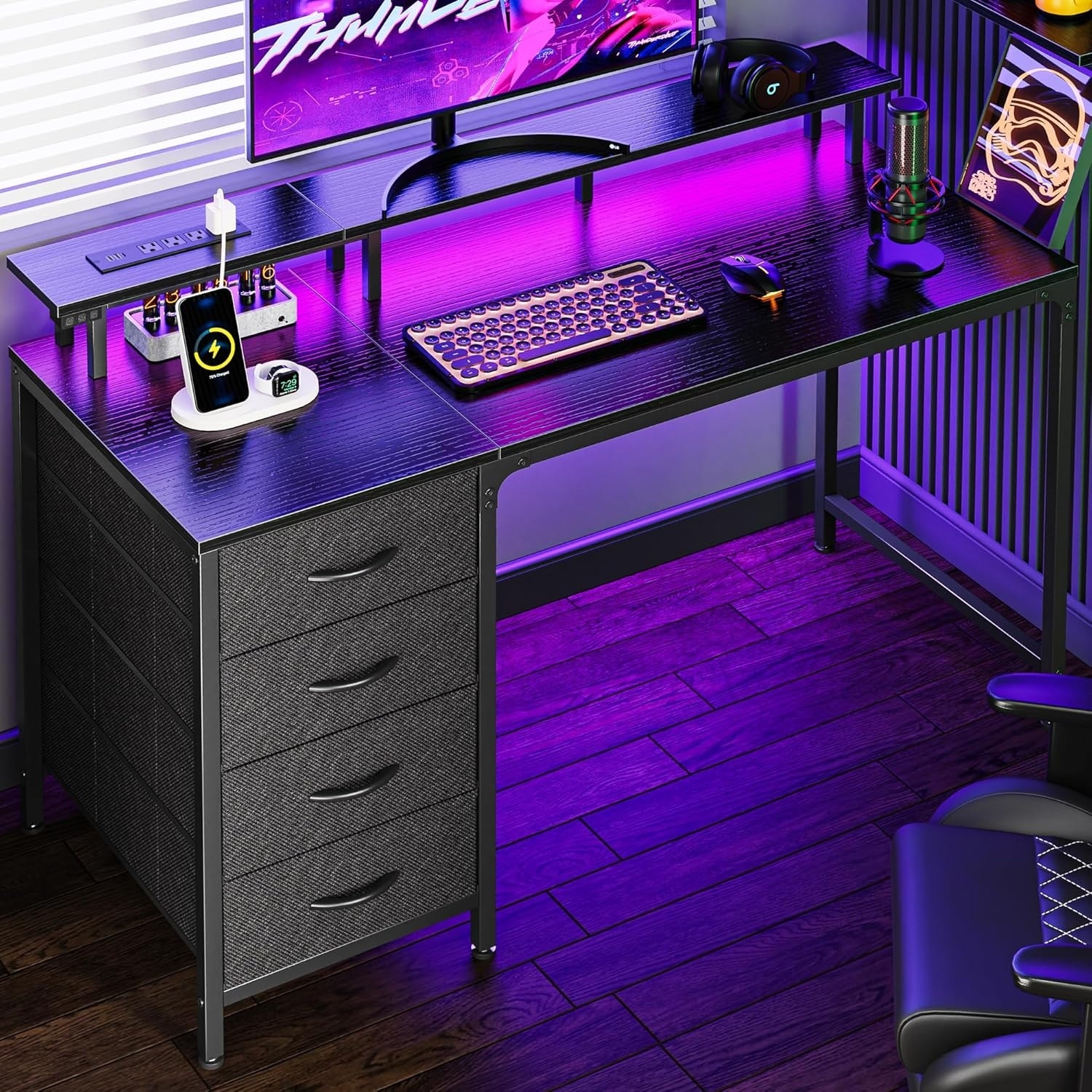 47 Inch Gaming Desk with LED Lights, Power Outlets, 4 Drawers, and Monitor Stand for Home Office, Study, or Small Spaces