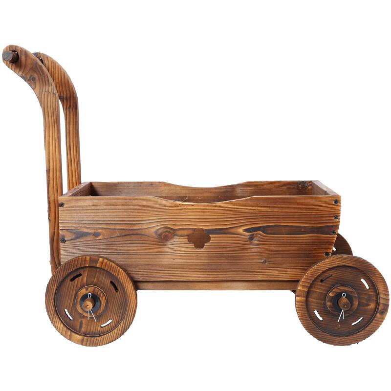 Wooden Wagon Planter Box, Mobile Garden Planter with 4 Wheels, Handle, Drain Hole, Decorative Flower Planter