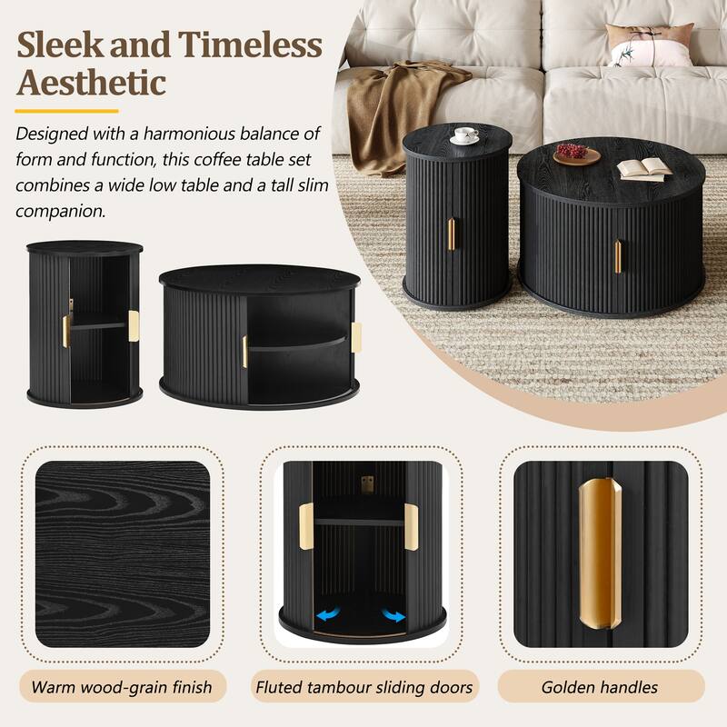 Nesting Coffee Table Set of 2, Modern Storage Coffee Table, Round Tea Table and End Table Set with Sliding Tambour Door