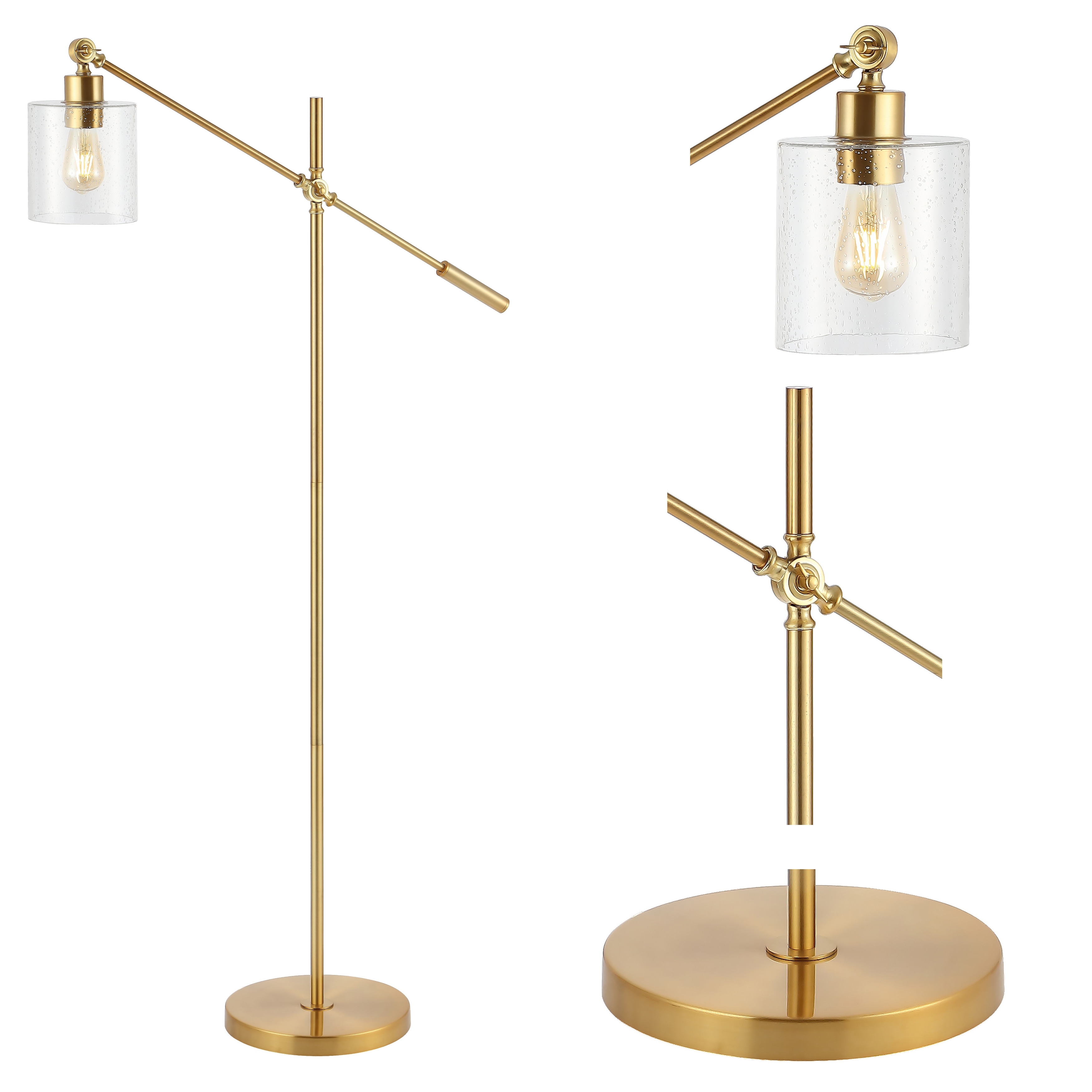 JONATHAN Y Axel Classic 60" Iron/Seeded Glass Adjustable Head Modern LED Floor Lamp, Brass Gold - 1 Bulb