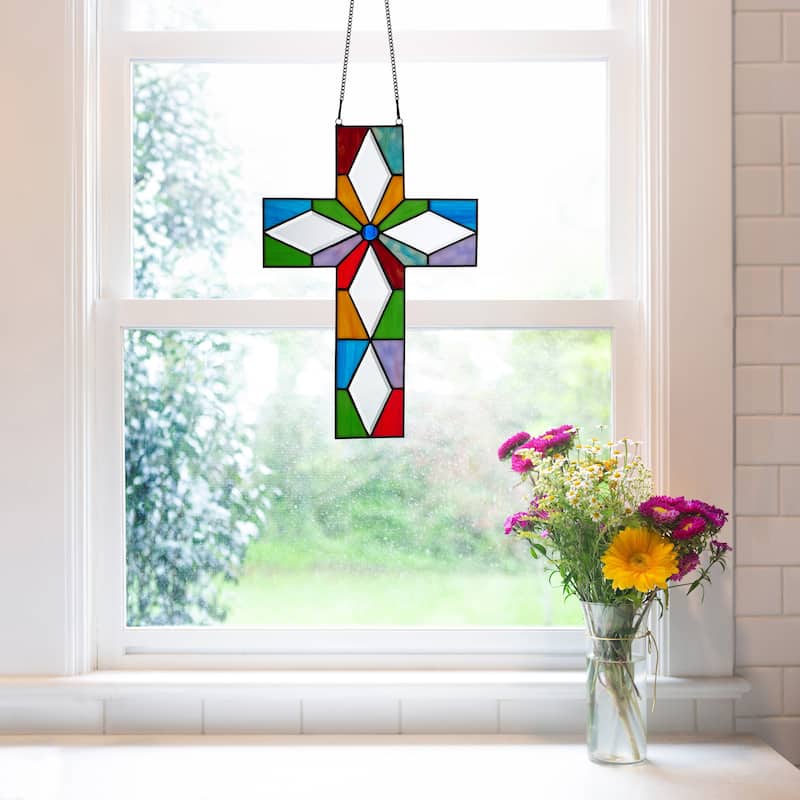 River of Goods 15-Inch Multicolor Cross Stained Glass Window Panel - 10" x 0.25" x 15"