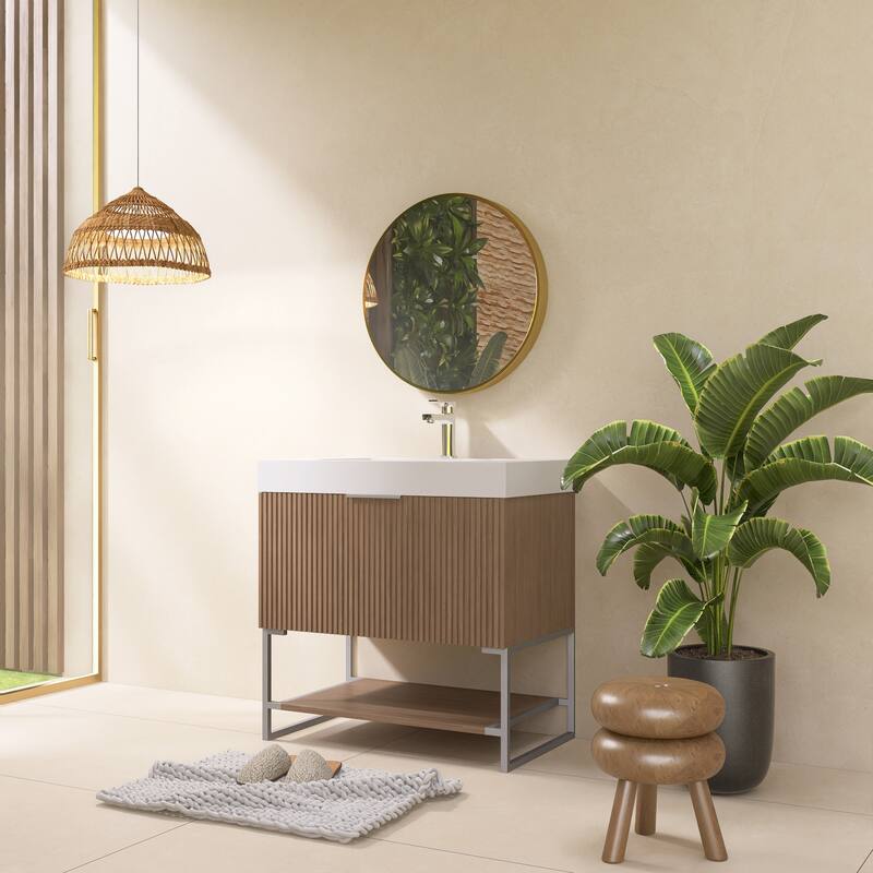 Freestanding Bathroom Vanity in Brown Oak with White Integrated Solid Surface Sink