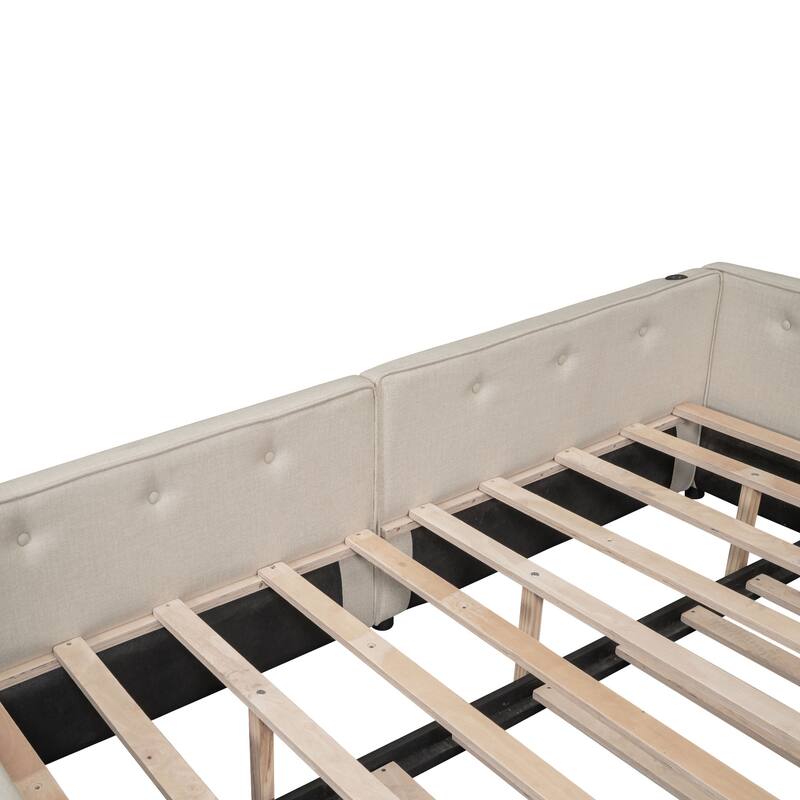 Full Size Upholstered Platform Bed Frame with USB Ports and Twin Size Trundle, No Box Spring Needed, Bedroom Furniture
