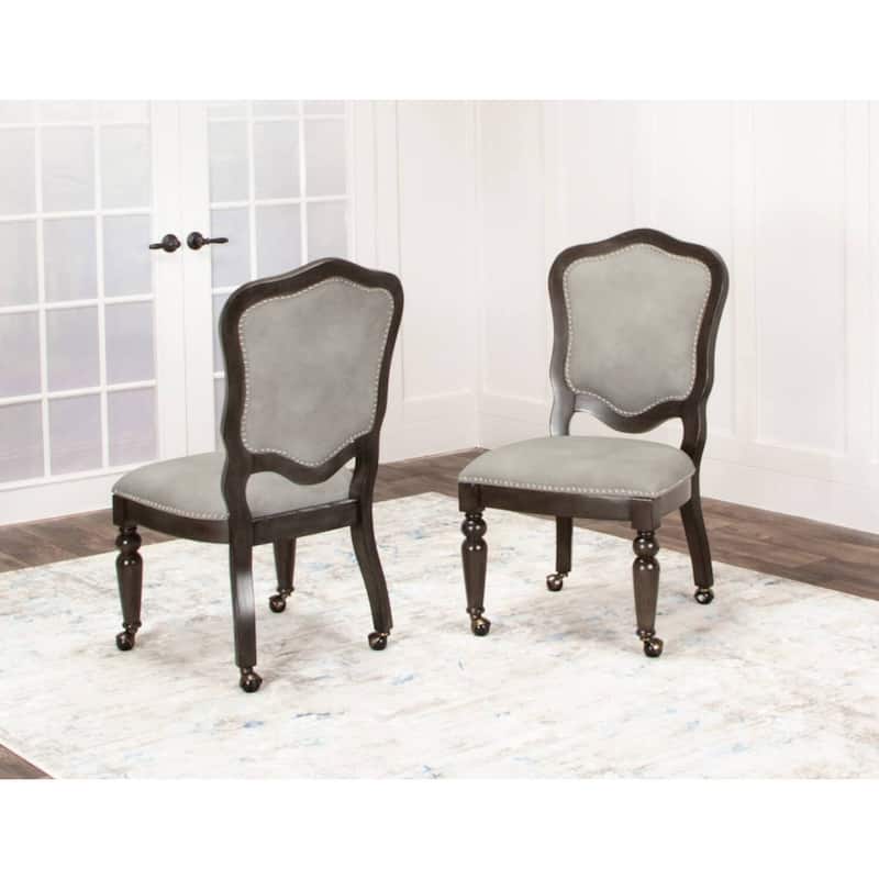 Game Room Dining Chair Set of 2, Wood Nailhead Accent Chairs with Casters, Modern Gray Upholstered Seating