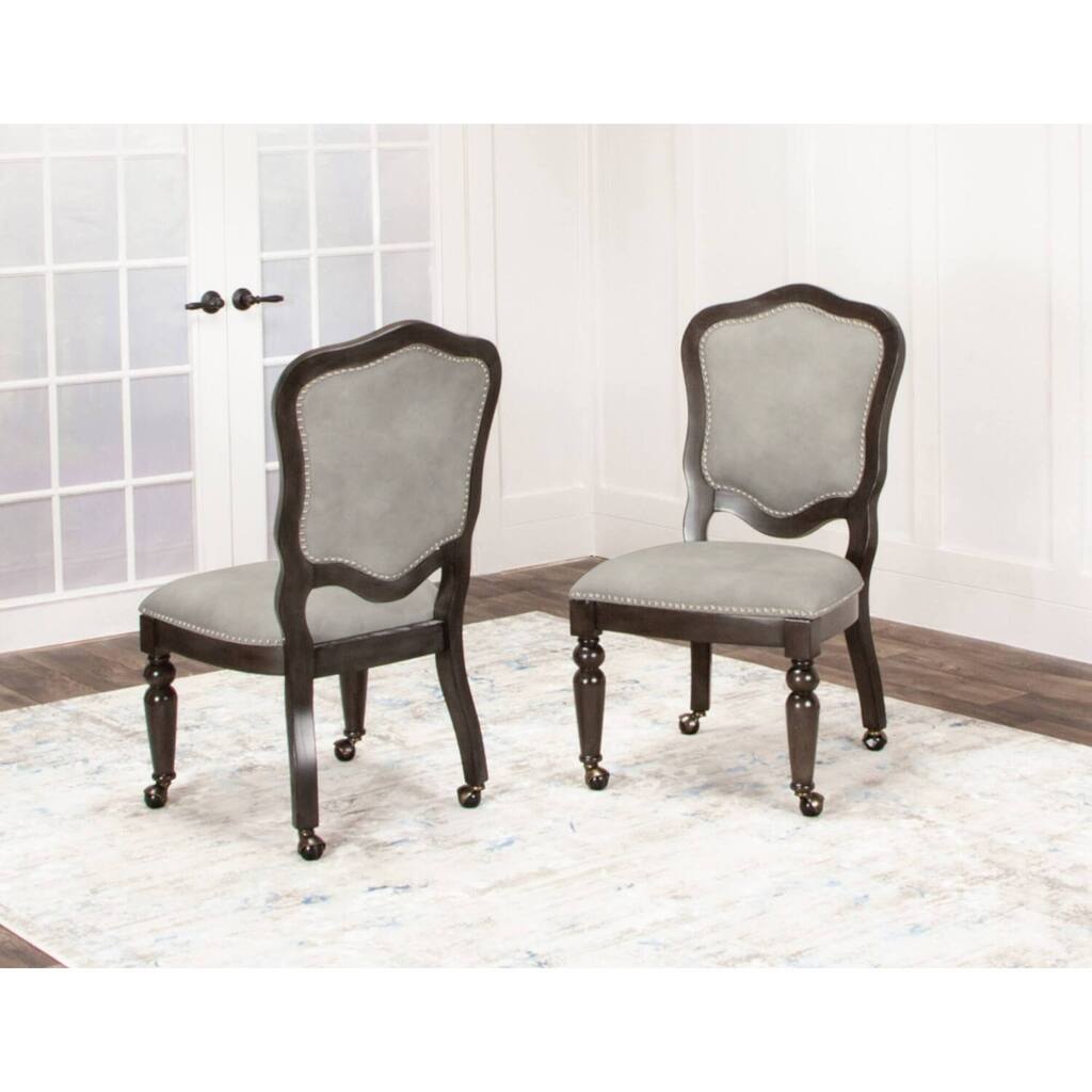 Game Room Dining Chair Set of 2, Wood Nailhead Accent Chairs with Casters, Modern Gray Upholstered Seating