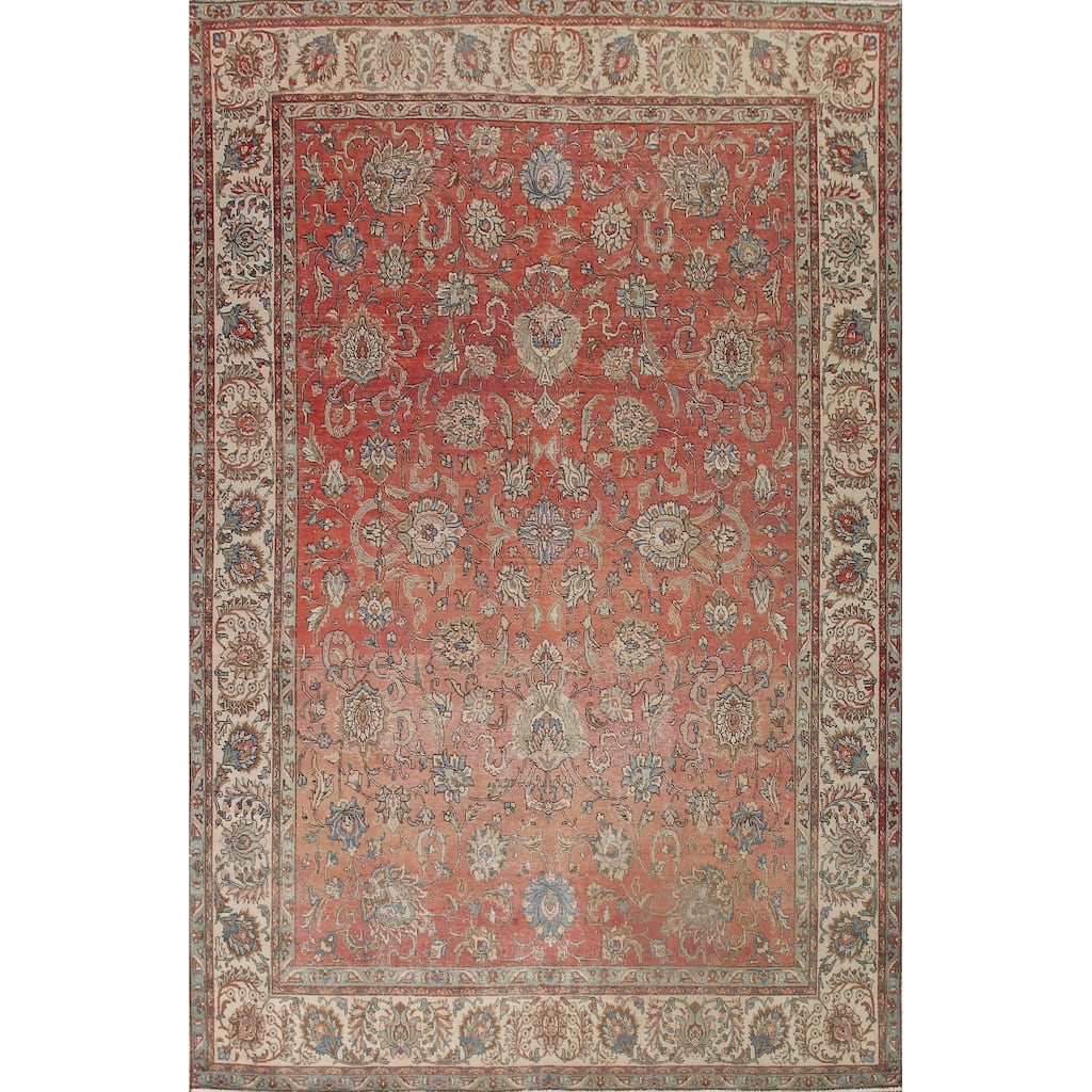 Floral Distressed Tabriz Persian Vintage Area Rug Handmade Wool Carpet - 9'8" x 12'11"