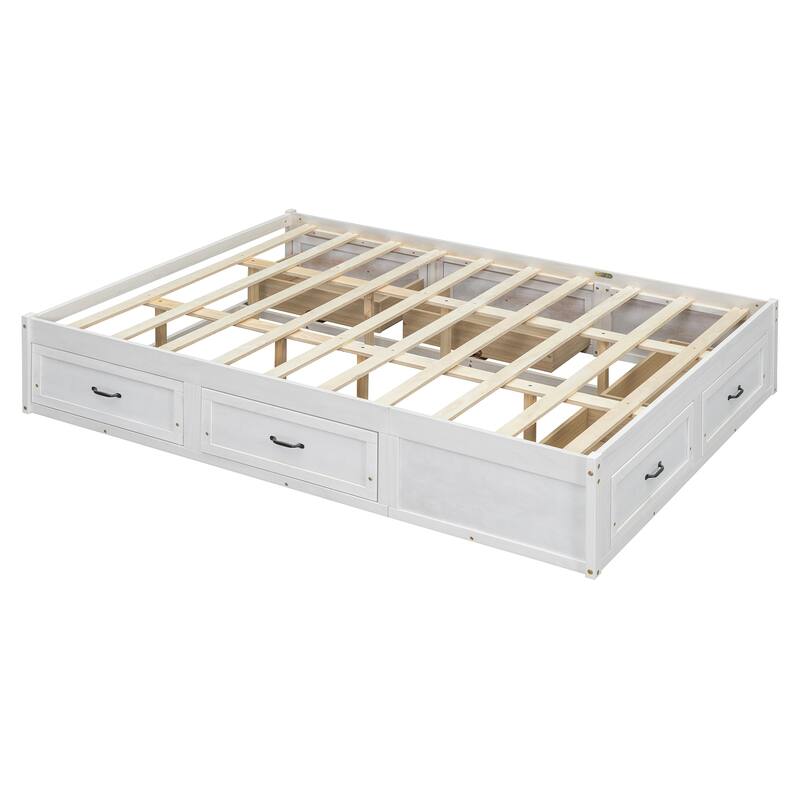 Full/Queen Size Platform Bed without Headboard, Wooden Storage Platform Bed Frame with 6 Drawers, Wood Slats Support