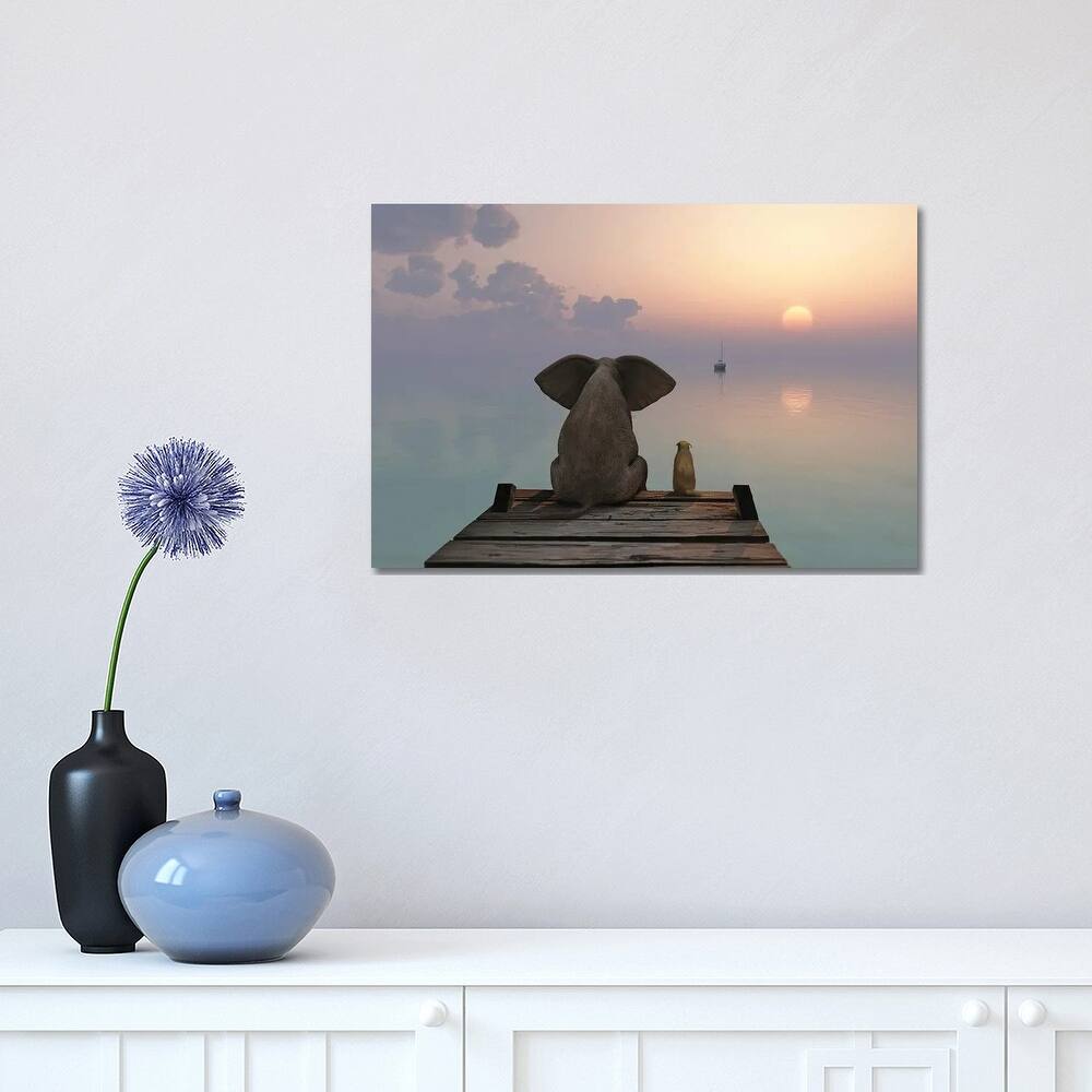 iCanvas "Elephant And Dog Sit On The Pier" by Mike Kiev Canvas Print
