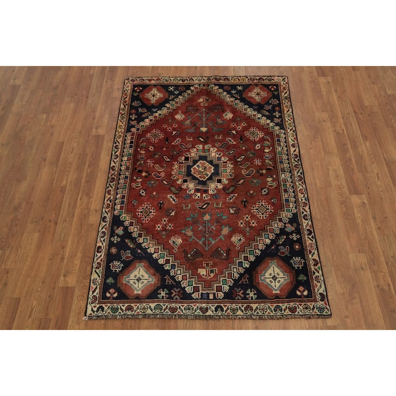 Hand Knotted Oriental 100% Wool Carpet Traditional Tribal Red Shiraz Area Rug - 5' 6'' X 3' 8''