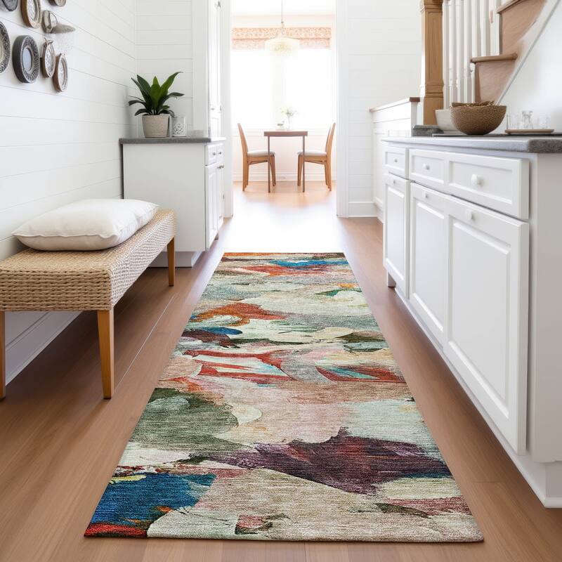 Premium Washable Super Soft Brushstrokes Abstract Mayfield Rug - Green - 2'3" x 7'6"