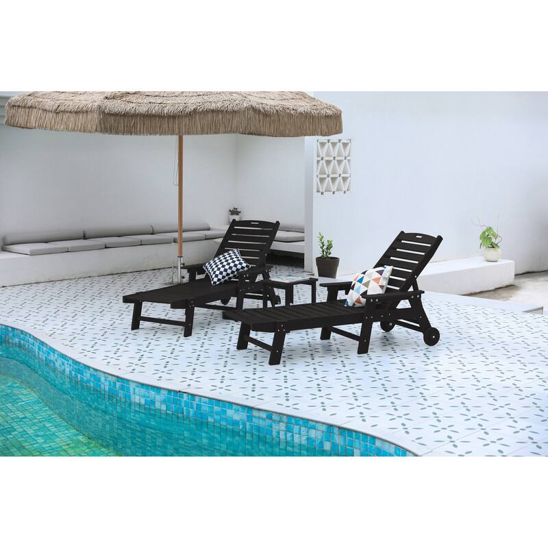 3-Piece White Wood Texture Oversized Chaise Lounge Chair Set w/ Side Table, All Weather Patio Lounge Chair - Black