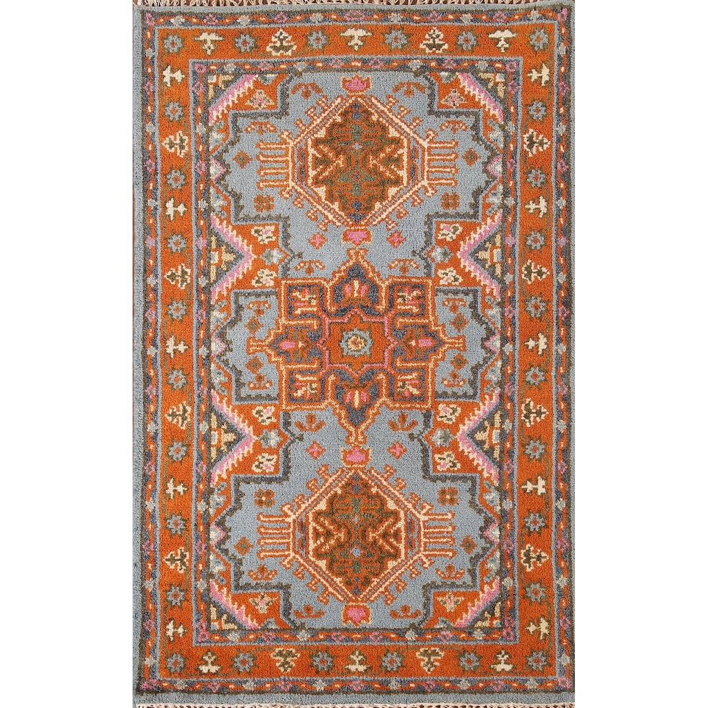 Geometric Kazak Oriental Accent Rug Handmade Blue Wool Carpet - 3'0"x 5'0"
