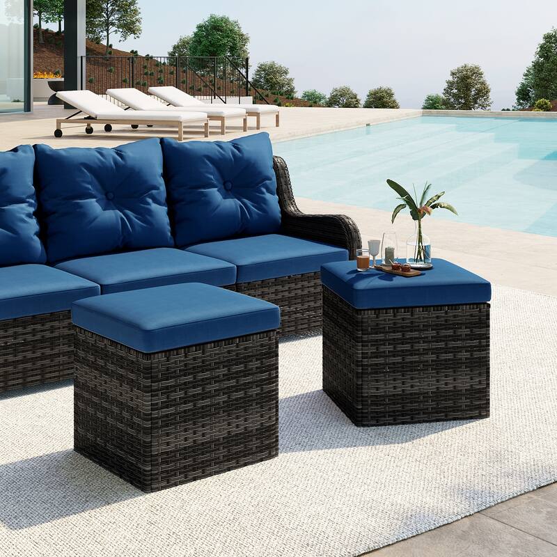 2 Set Outdoor 17.7" W Square Rattan Ottoman Patio Ottoman with Cushion