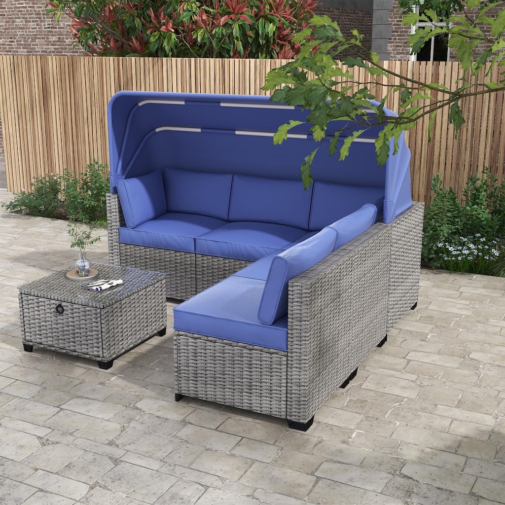 6 Pcs Patio Furniture Sets, Rattan Daybed with Canopy, Outdoor Sectional Sofa Set with Adjustable Back and Storage Table