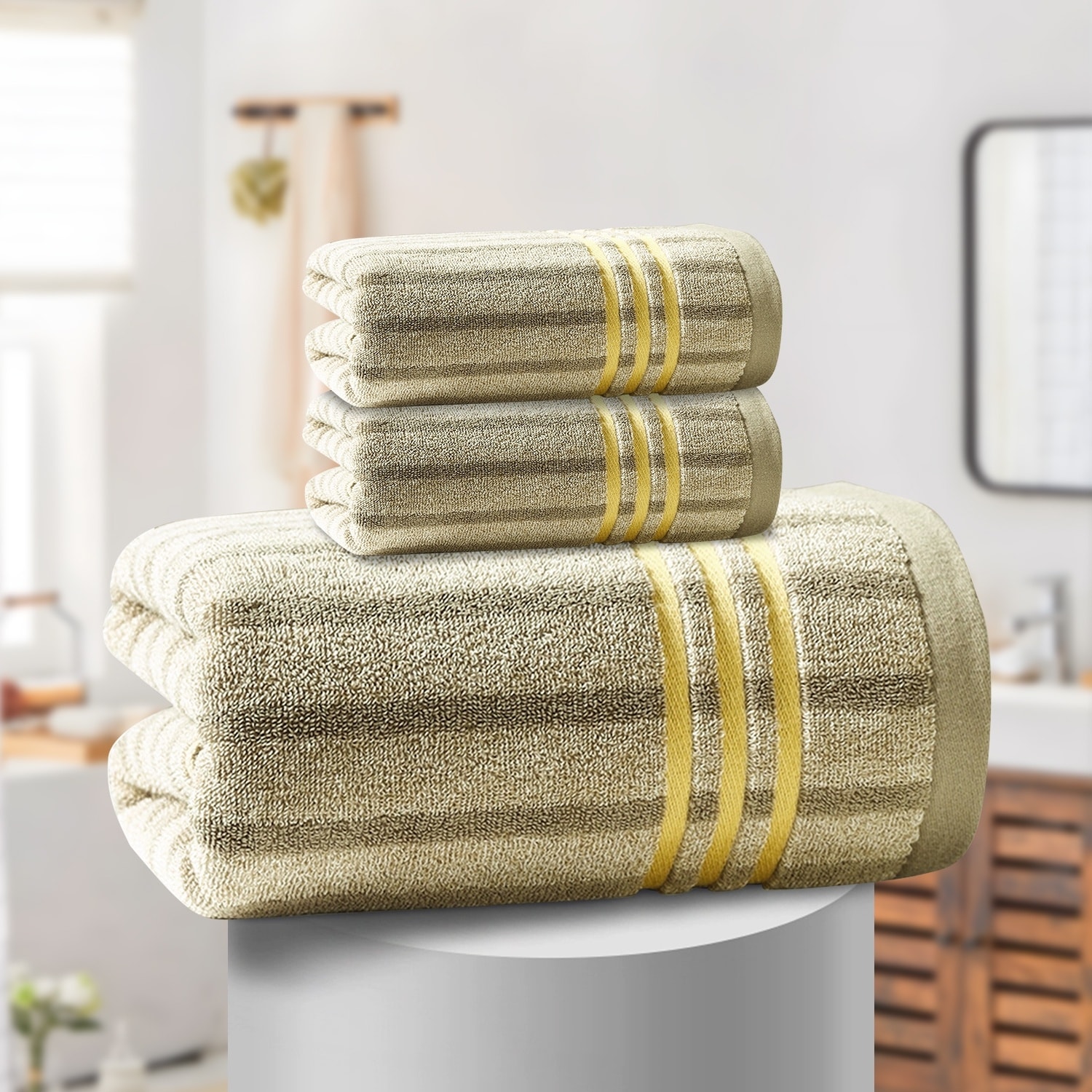 3 Piece Cotton Striped Bath Towel Set