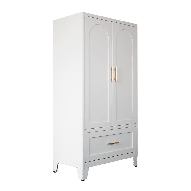 60" Tall Metal Wardrobe Cabinet with 1 Drawer and Hanging Rod, 2 Doors Wardrobe Closet with Shelf