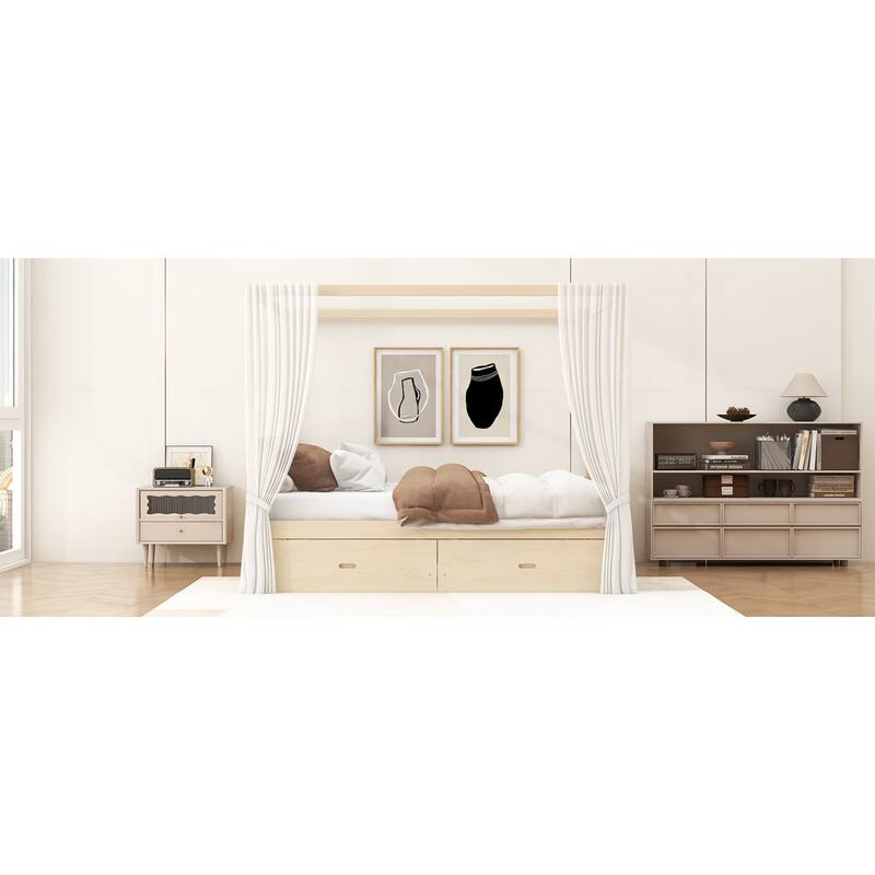 Roomfitters Queen/King Wooden Canopy Bed with 2 Storage Drawers, Solid Wood Frame, Walnut