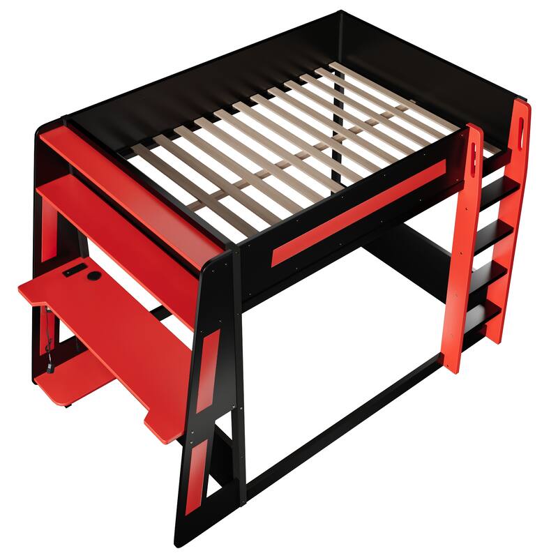 Gaming Bunk Bed with Computer Desk, Storage Shelves, USB Port and LED Strip Lighting, Esports Design, Wooden Gaming Bed