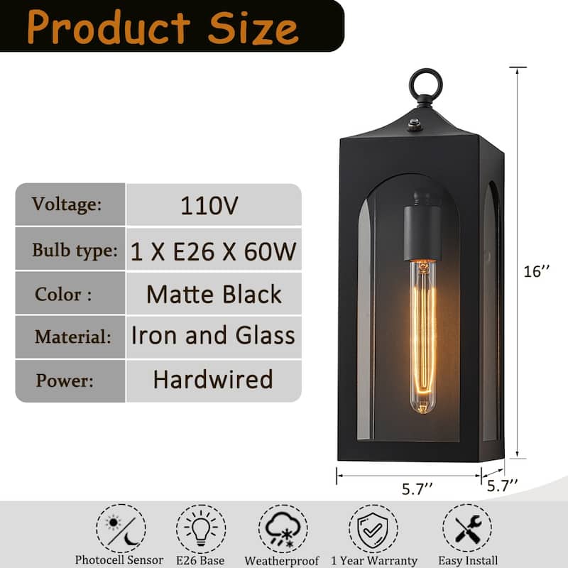 Unique/Statement Dusk to Dawn Outdoor Wall Light with Clear Glass Farmhouse Black Exterior Wall Sconce for Garage