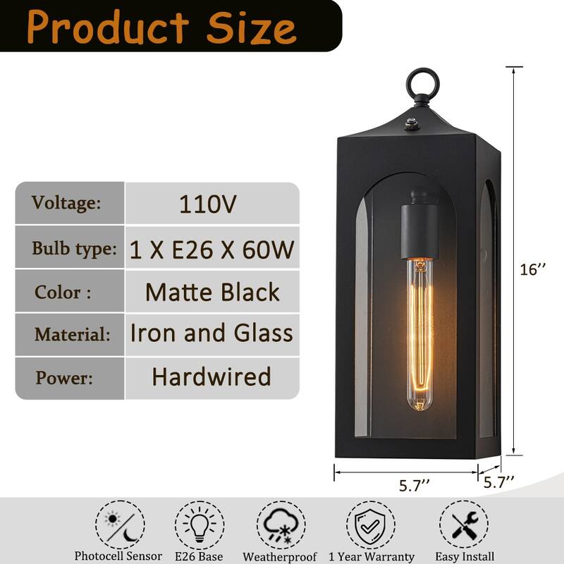 Unique/Statement Dusk to Dawn Outdoor Wall Light with Clear Glass Black Exterior Wall Sconce for Garage(2 Pack)