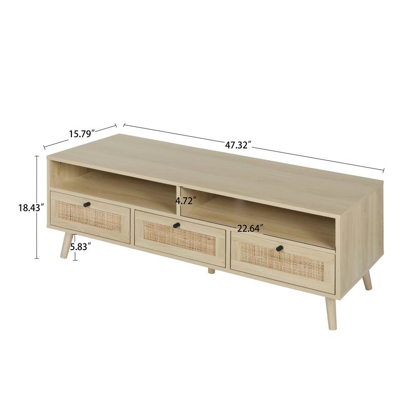 Natural Rattan TV Stand with Solid Wood Legs and Cable Storage Holes, Large Storage Space Bed