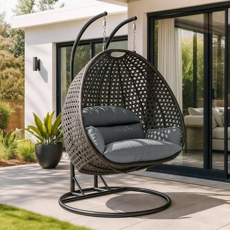 LeisureMod 2-Person Charcoal Wicker Egg Swing - Includes Metal Stand & Cushions - Modern Double Patio Lounger