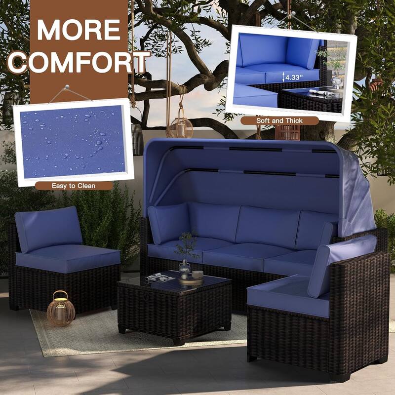 6-Piece PE Rattan Patio Sectional Set, Weather-Resistant Furniture, Retractable Canopy, Adjustable Backrest, Outdoor
