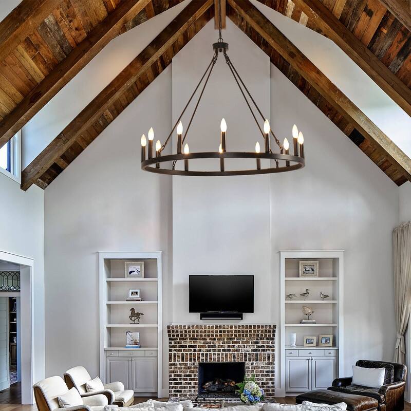 31In 12-Light Black Wagon Wheel Chandelier Farmhouse for Living Room - 31 inch