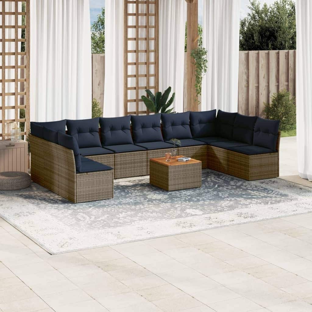 vidaXL 11 Piece Patio Sofa Set with Cushions Grey Poly Rattan - 24.4x 24.4x 27.2
