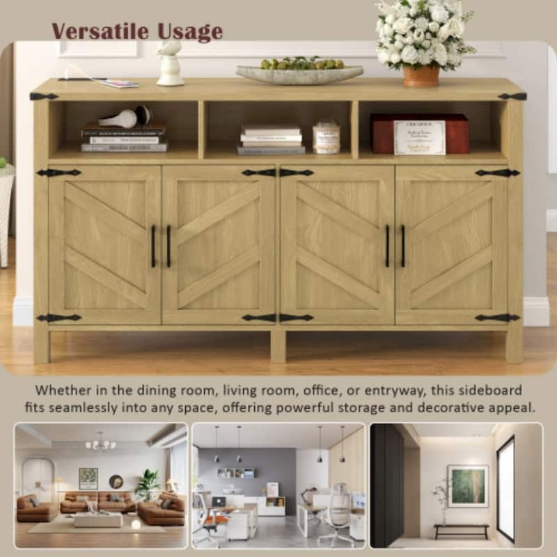 59 Inch Modern 4-Door Sideboard with Power Outlets and USB Ports, Buffet Cabinet with Adjustable Shelves