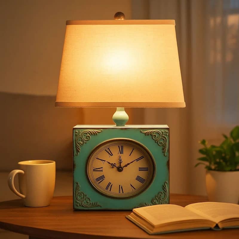 Clock Design Metal Table Lamp Set of 2 with Tapered Shade, Blue and Beige