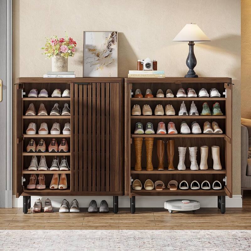 6-Tier Shoe Cabinet with Shutter Doors Adjustable Shelves Wooden Storage Cabinet for Entryway/Hallway/Closet/Living Room