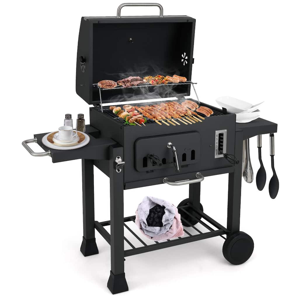 Costway Barrel Charcoal Grill with 2 Folding Side Tables 24-Inch - as pic shows - See Details