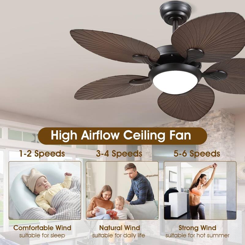 44"/52" Palm Leaf Tropical Ceiling Fan with Light,Indoor and Outdoor Ceiling Fan,Waterproof
