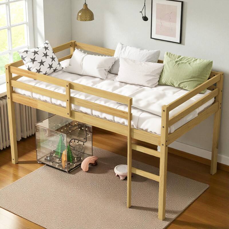 Solid Wood Twin Loft Bed with Ladder, Rubber Wood Frame Low Height Design with Guard Rails and Storage Space