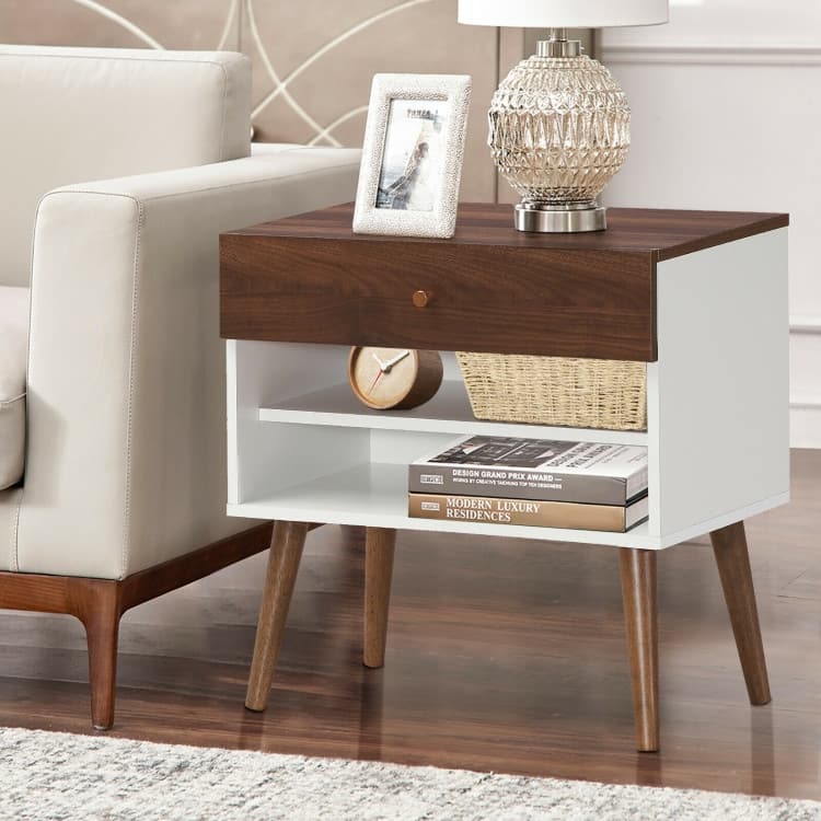 Nightstand End Side Table Drawer Storage Shelf Mid-Century Rubber Wood Leg