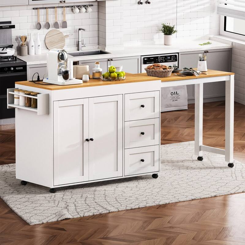 74.8" Kitchen Island with Extendable Dining Table, Rolling Kitchen Storage Cart with 3 Drawers, Power Out and Spice Rack - White