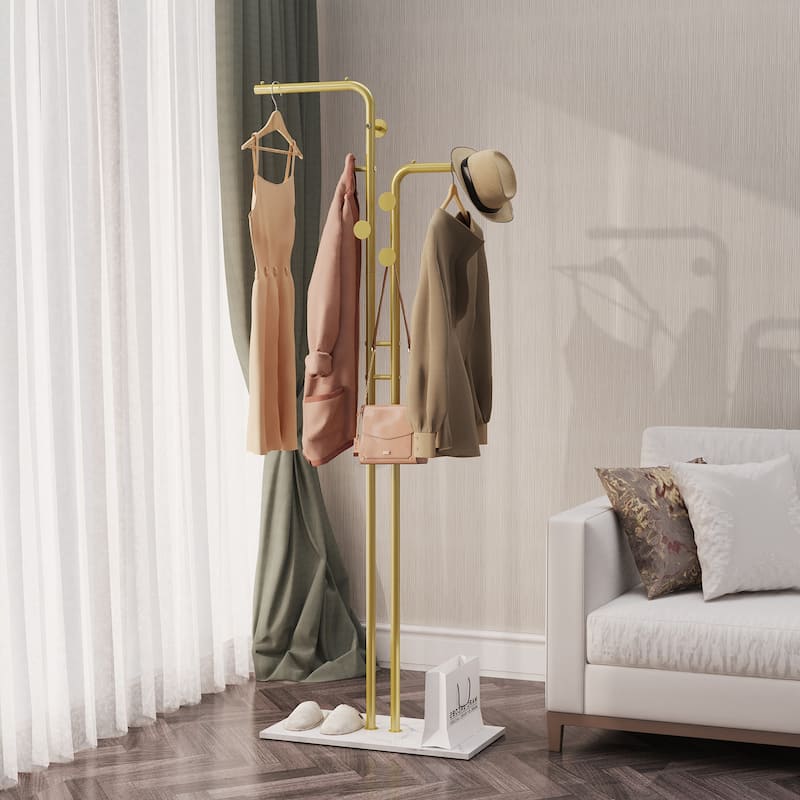 Heavy Duty Freestanding Gold Metal Coat Stand Clothes Rack Stand with 5pcs Hooks
