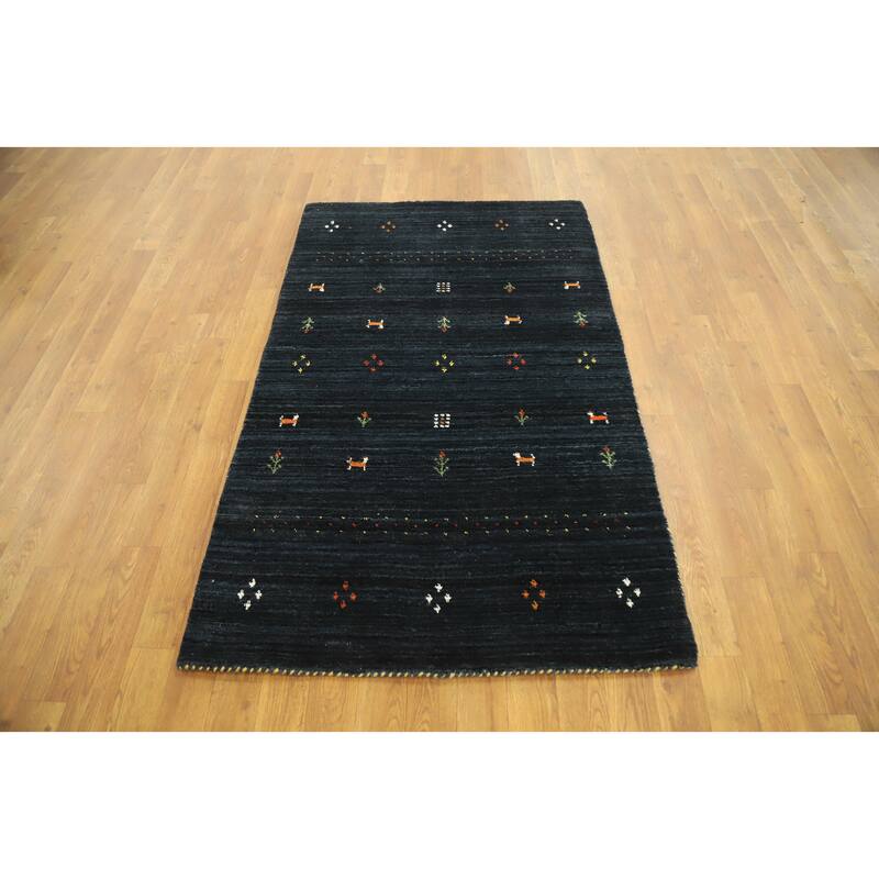 Hand Knotted Oriental 100% Wool Carpet Tribal Animal Pictorial Navy Blue & Blues Gabbeh Area Rug - 4' 10'' X 3' 0''