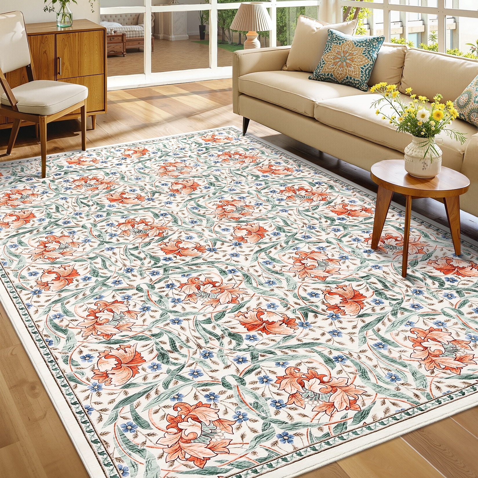Floral Area Rug for Living Room Bedroom Soft Washable Vintage Rug Non Slip Low Pile Floor Carpet