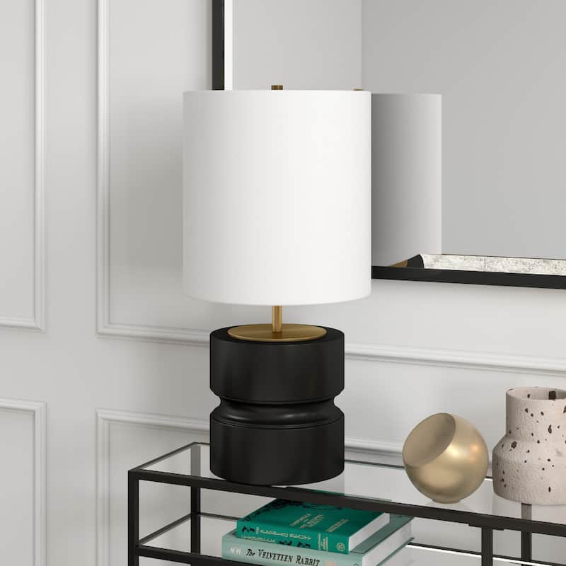 27" Beige and Gold Metal Geometric Table Lamp With White Drum Shade - 14" x 14" x 28"