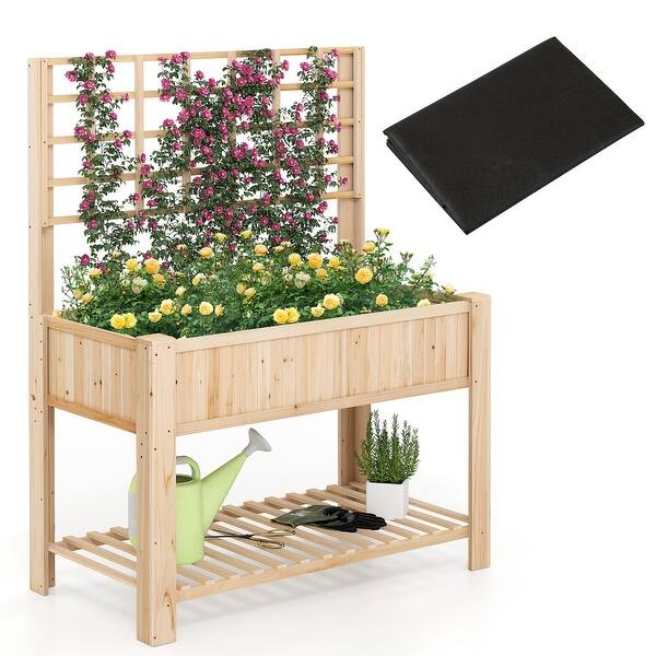 Gymax Raised Garden Bed w/ Trellis Wooden Elevated Planter Box w/ Legs