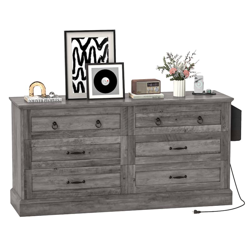 Farmhouse 6 Drawer Dresser, TV Stand, Chest of Drawers With Charger Station And Side Pocket